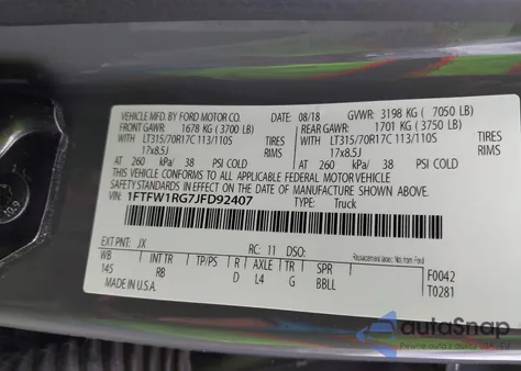 2018 Ford F-150 Raptor из США, поврежденный, VIN 1FTFW1RG7JFD92407